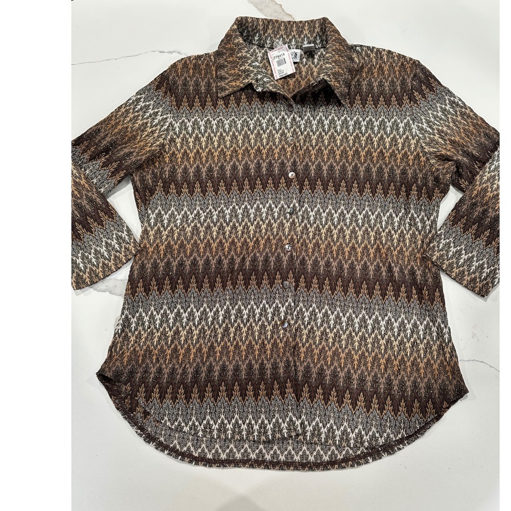 Chicos Design Textured Geometric Print Button Front Shirt Top Womens Size 2 L